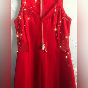 Size 2 Express Red Body Con Cocktail Dress Mesh Top w Mesh Cut Out Gold Zipper